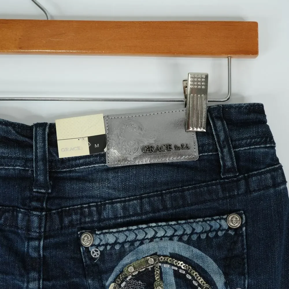 Grace in LA Skirt Womens M Embellished Rhinestone Peace Sign Designer Denim Jean
